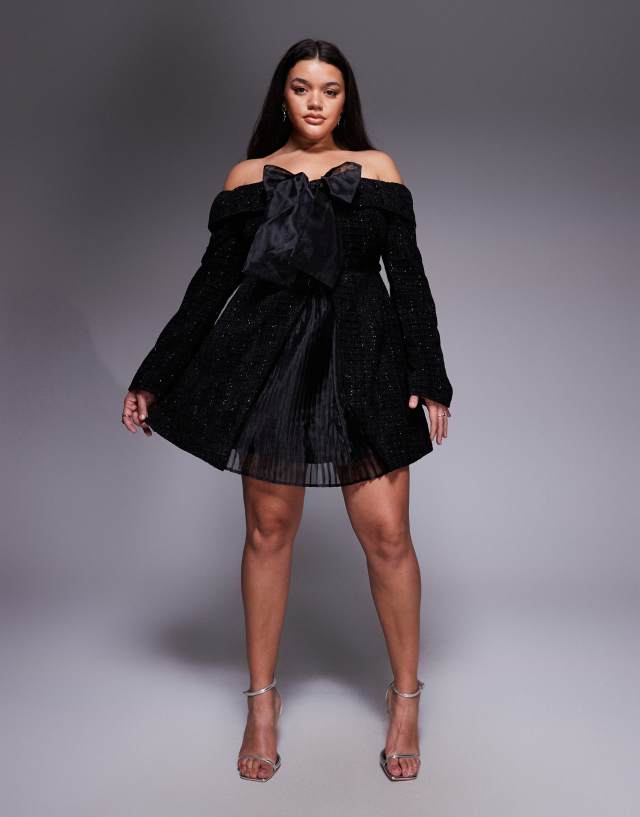 black boucle mini dress ASOS LUXE - Off the Shoulder - Women - Polyester/Viscose - 22 US Black Monochrome Outfits Men baby Dress PLT Shape looks good color:plum