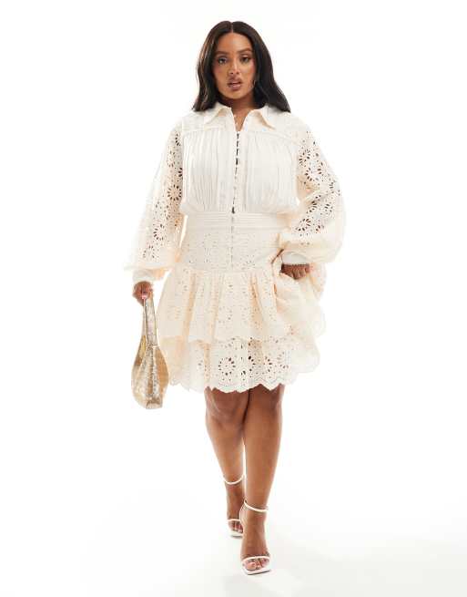 ASOS LUXE Curve broderie peplum mini shirt dress in cream