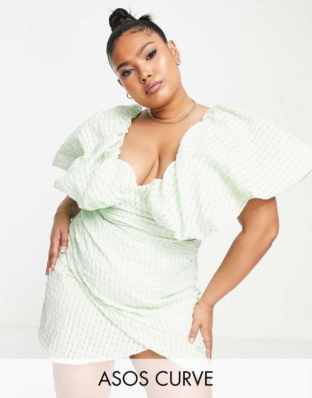 ASOS LUXE Curve bubble Bardot wrap mini dress in green gingham