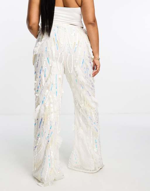 Plus Size Butterfly Metallic Pleated Woven Wide Leg Pants