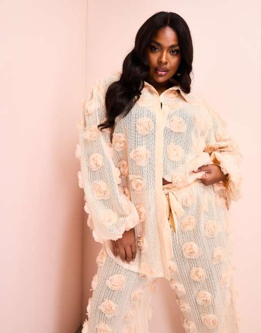 ASOS LUXE Curve Camicia da mare all uncinetto oversize color crema con fiori 3D ASOS