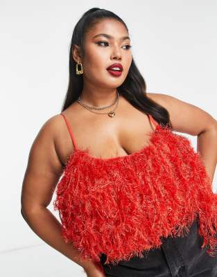 ASOS LUXE Curve - Camisole-Body in kräftigem Rot mit Kunstfederbesatz und tiefem Rückenausschnitt-Rosa