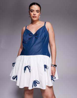 Asos Luxe Curve Chambray Mini Dress With Bow Detail And Contrast Poplin Skirt In Blue