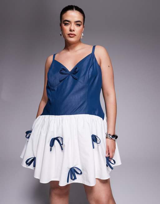 ASOS LUXE Curve chambray mini dress with bow detail and contrast poplin skirt in blue