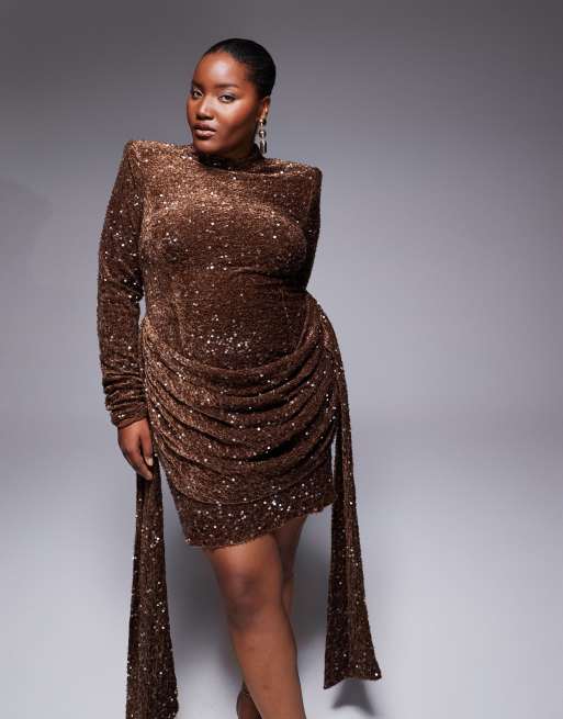 ASOS LUXE Curve – Chokladbrun miniklänning med paljetter och drapering i sidan av sammet, 2 av 4