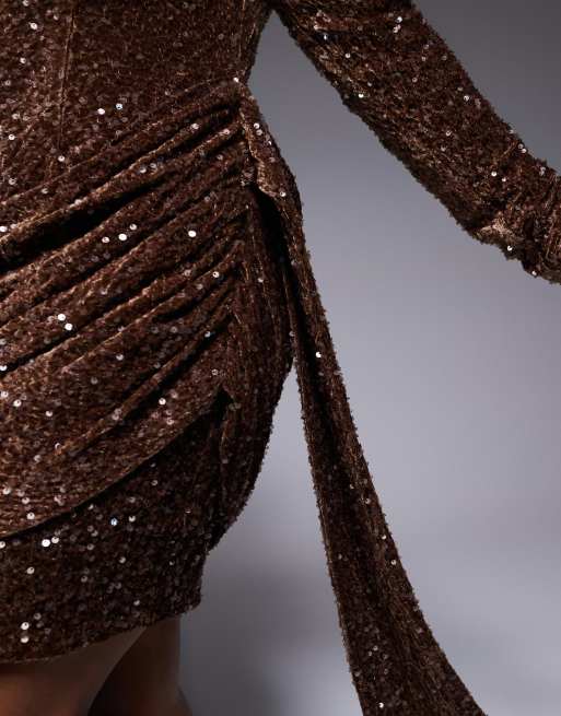 ASOS LUXE Curve - Chokoladebrun minikjole i velour med draperede sider og pailletter, 4 af 4