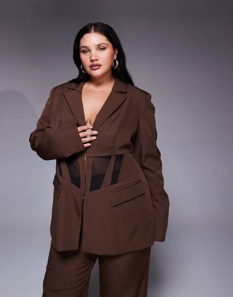 ASOS LUXE Curve cinched waist blazer with contrast panelling in brown (part of a set) - view 1