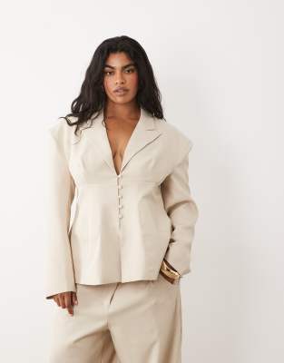 Asos Luxe Curve Cinched Waisted Tailored Blazer With Button Detail In Neutral