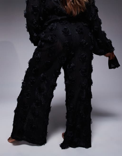 ASOS LUXE Curve co-ord 3D floral crochet beach trousers in black, 4 of 5