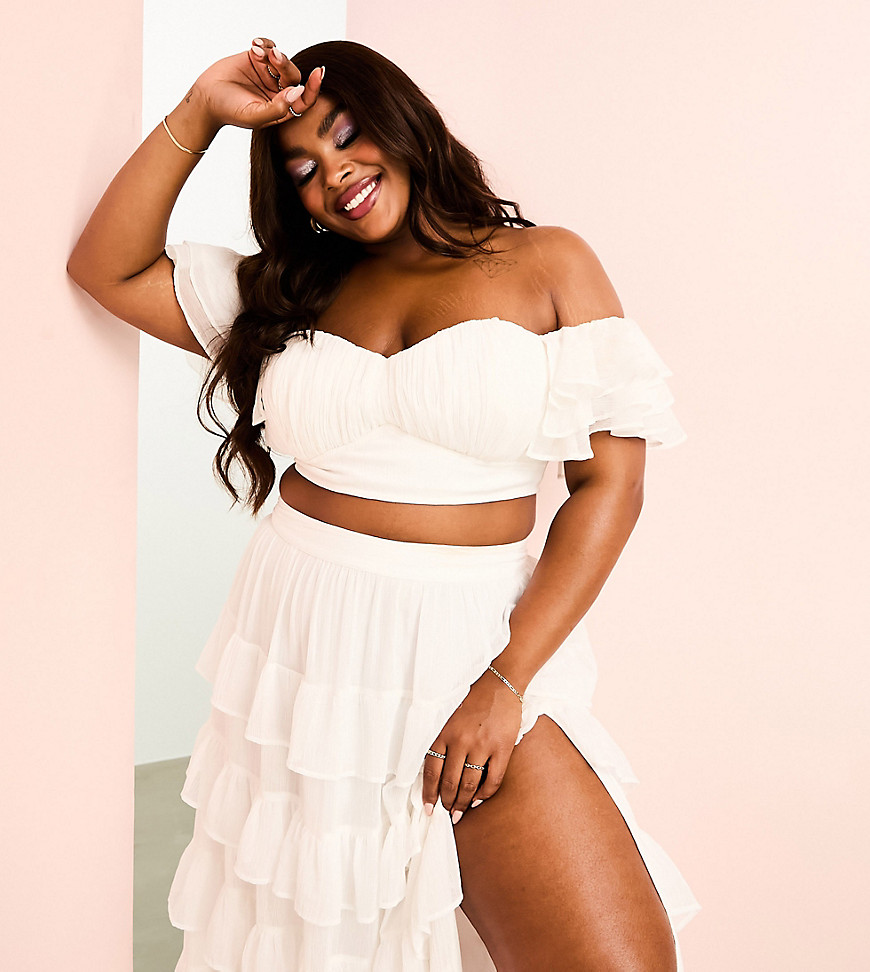 ASOS LUXE Curve co-ord beach ruched bralet with tiered sheer sleeves in white