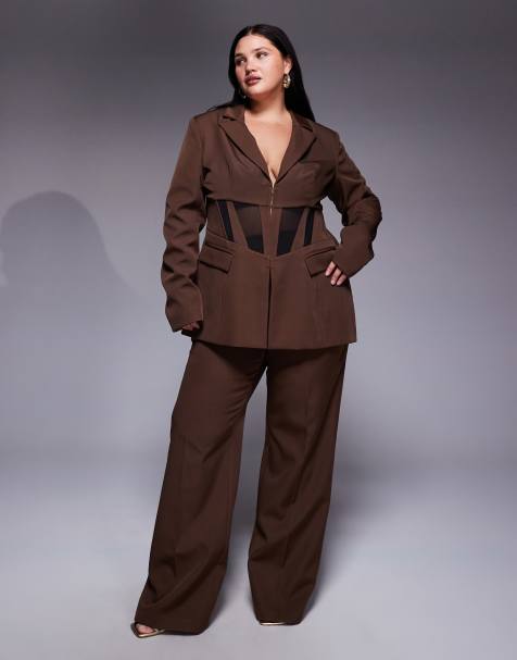 ASOS LUXE Curve co-ord cinched waist blazer with contrast panelling and straight trousers in brown - view 1