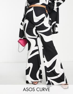 Asos Luxe Curve Co Ord Flared Suit Trousers In Black And White Swirl