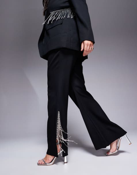 ASOS LUXE Curve co-ord flared trouser with diamante fringing in black - view 1