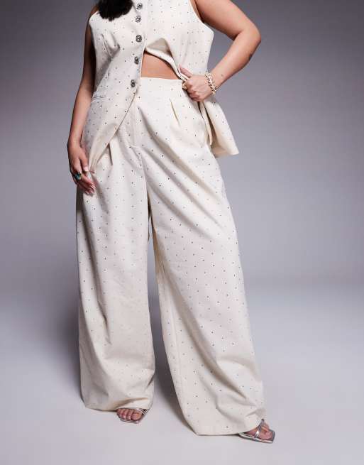 ASOS LUXE Curve co-ord hotfix embellished linen wide leg trouser in cream, 2 of 5