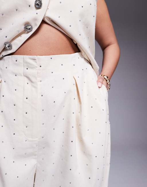 ASOS LUXE Curve co-ord hotfix embellished linen wide leg trouser in cream, 3 of 5