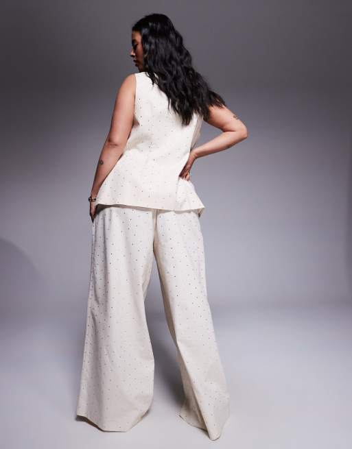 ASOS LUXE Curve co-ord hotfix embellished linen wide leg trouser in cream, 4 of 5