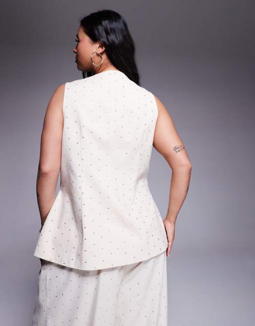 ASOS LUXE Curve co-ord hotfix emebllished linen waistcoat in cream, 4 of 4
