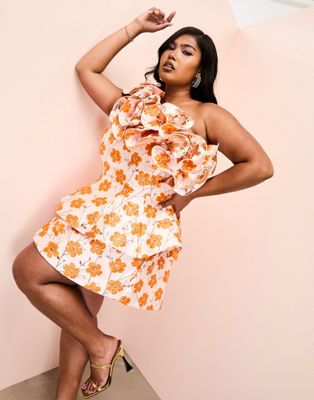 ASOS LUXE Curve co-ord jacquard off shoulder peplum top with frill detail in orange floral - ASOS Price Checker