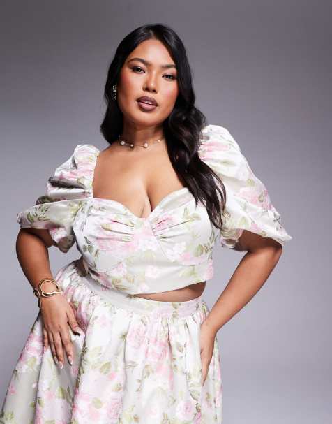 ASOS LUXE Curve co-ord jacquard puff sleeve top in tulip jacquard - view 1