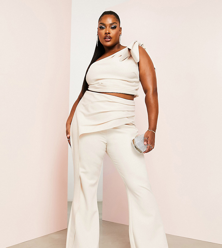 ASOS LUXE Curve co-ord kickflare trouser with drape detail in ivory-White