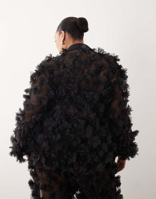 ASOS LUXE Curve co-ord mesh shirt in black with 3D flower petals, 2 of 4