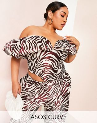 ASOS LUXE Curve co-ord off shoulder puff sleeve top in zebra jacquard