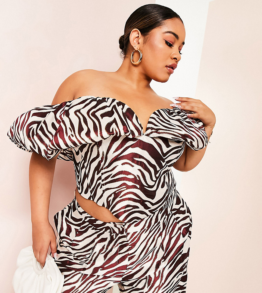 ASOS LUXE Curve co-ord off shoulder puff sleeve top in zebra jacquard-Multi
