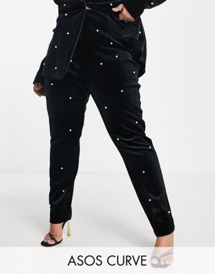 ASOS LUXE Curve co-ord pearl velvet fitted trouser in black