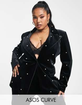 ASOS LUXE Curve co-ord pearl velvet suit fitted blazer in black