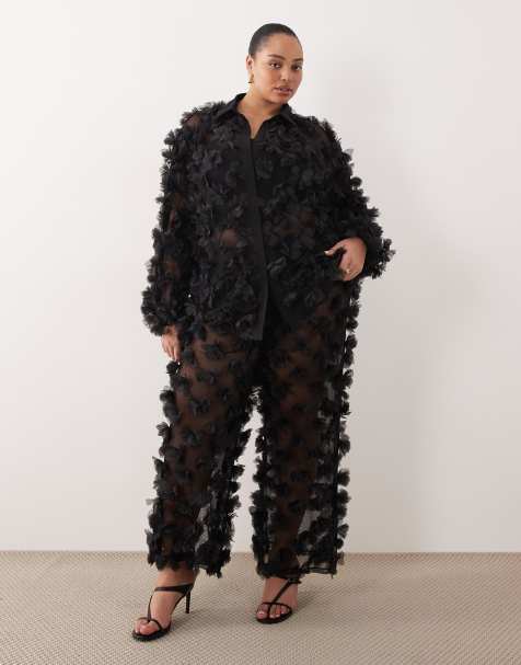 ASOS LUXE Curve - Co-ord set van mesh met overhemd en broek met 3D bloemblaadjes in zwart - view 1