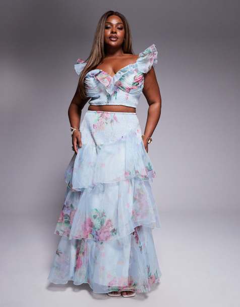 ASOS LUXE Curve co-ord shirred chiffon maxi skirt in blue floral print - view 1