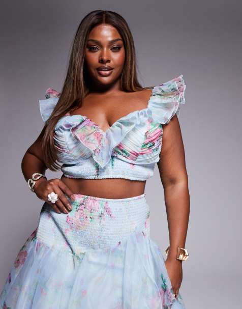 ASOS LUXE Curve co-ord shirred cupped cropped top with ruffle detail in blue floral  print - view 1