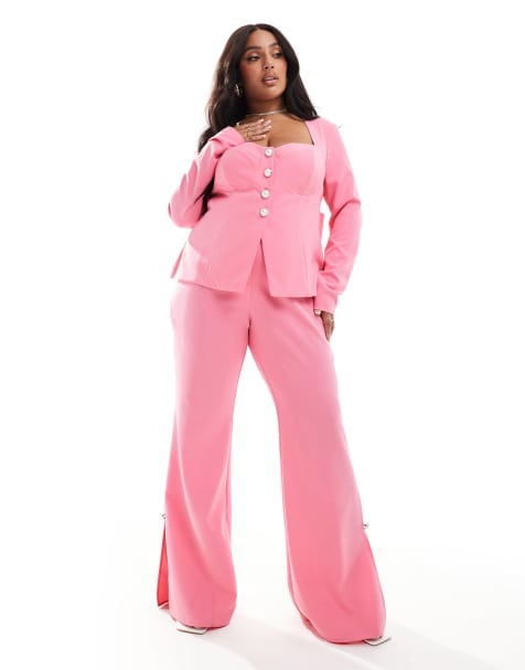 ASOS LUXE Curve co-ord slim fit tailored trouser with embellished button detail in pink