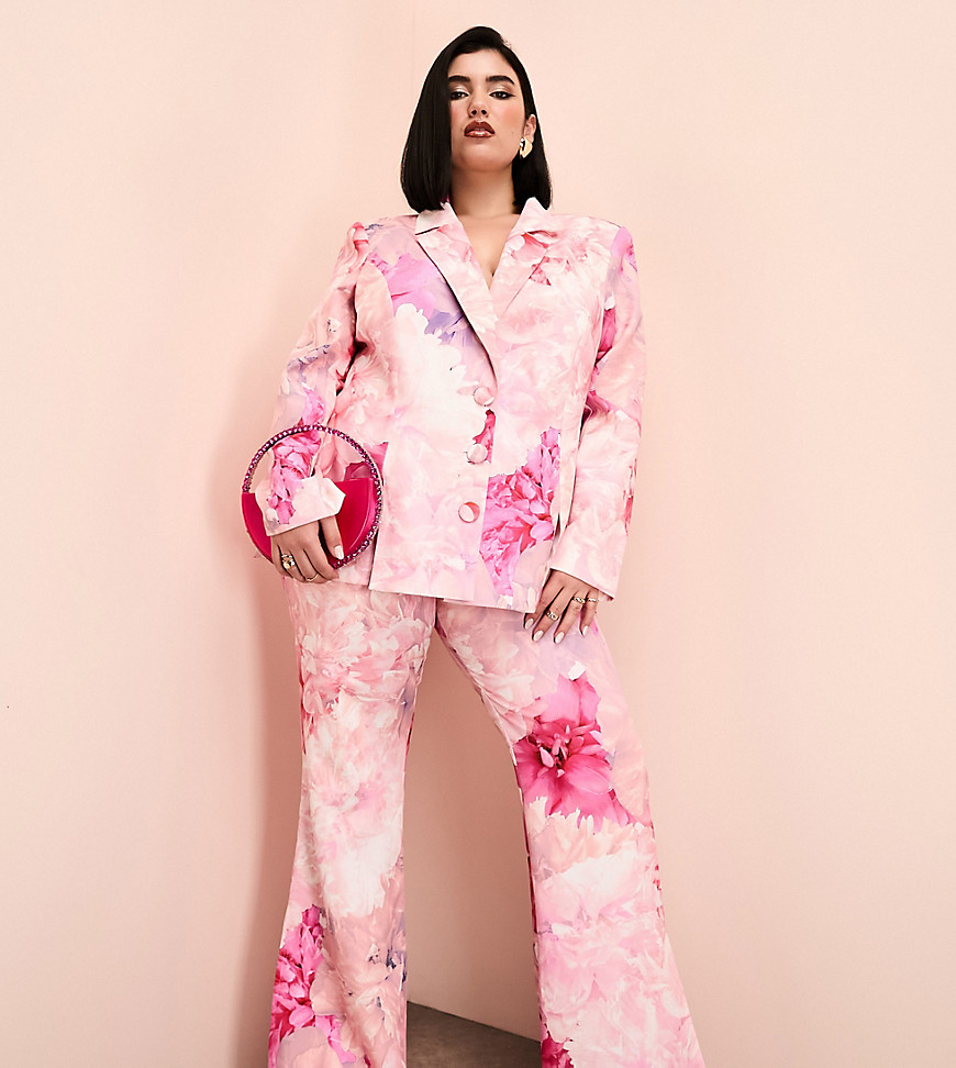 ASOS LUXE Curve co-ord suit trouser in pink floral print-Multi