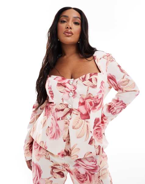 ASOS LUXE Curve co-ord sweetheart tailored blazer with bow back  in rose print - view 1