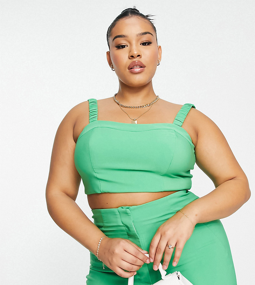 Plus-size top by ASOS LUXE Part of a co-ord set Trousers sold separately Square neck Ruched straps Shirred stretch back Cropped length Regular fit