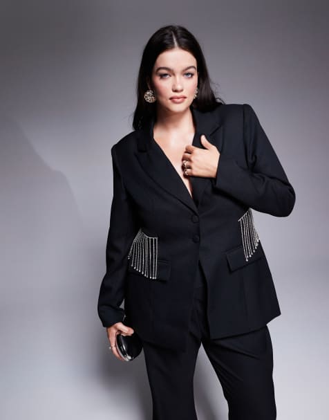 ASOS LUXE Curve co-ord tailored suit blazer with diamante fringing in black - view 1