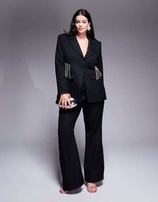 ASOS LUXE Curve co-ord tailored suit blazer with diamante fringing in black, 2 of 4