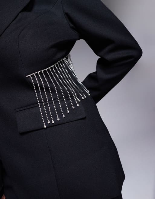 ASOS LUXE Curve co-ord tailored suit blazer with diamante fringing in black, 3 of 4