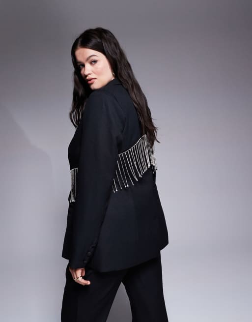 ASOS LUXE Curve co-ord tailored suit blazer with diamante fringing in black, 4 of 4
