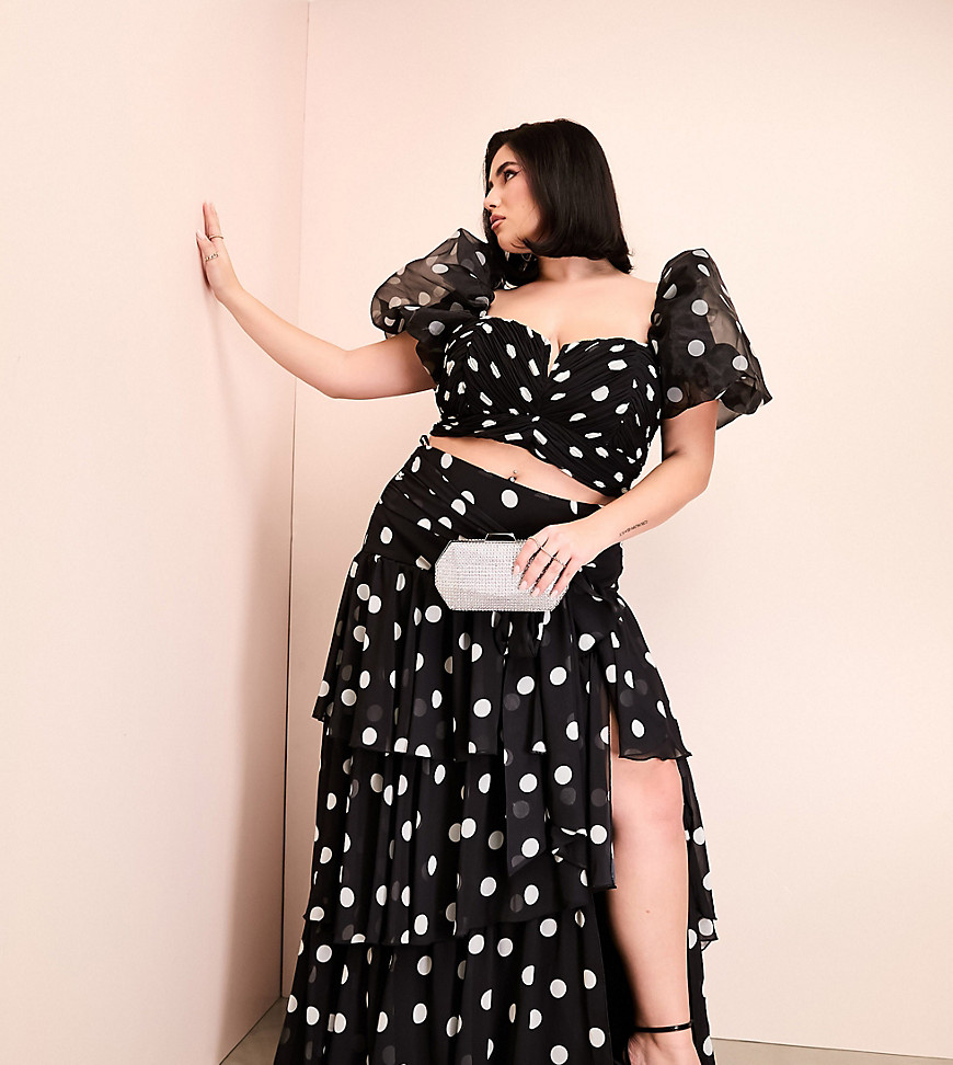 ASOS LUXE Curve co-ord tiered ruffle polka dot organza maxi skirt in monochrome-Multi