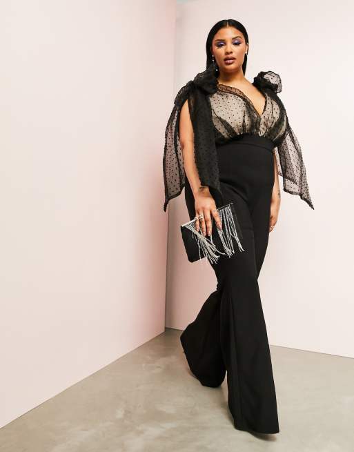 ASOS LUXE Curve - Combinaison évasée en plumetis avec liens noués aux épaules - Noir, 4 de 4