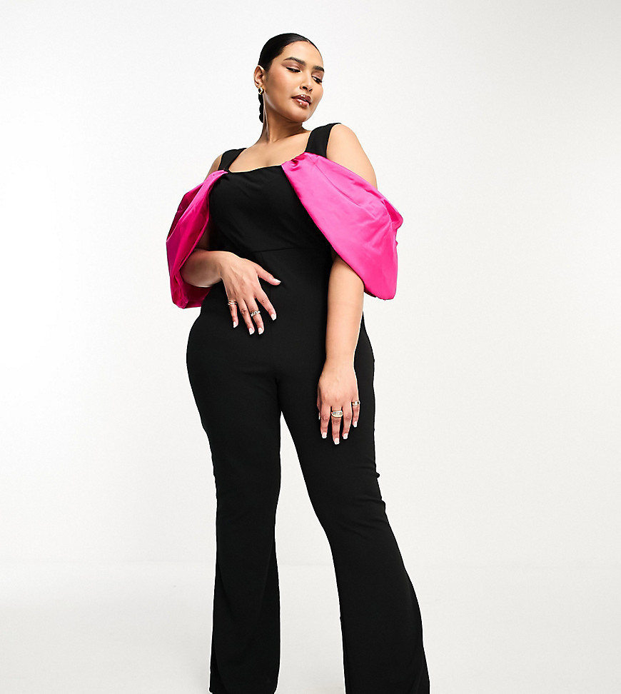ASOS LUXE Curve contrast dramatic sleeve kick flare jumpsuit in black