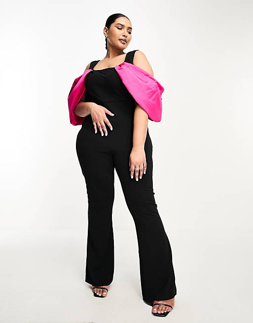 ASOS LUXE Curve contrast dramatic sleeve kick flare jumpsuit in black