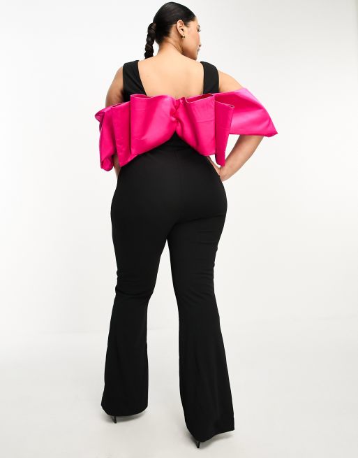 ASOS LUXE Curve contrast dramatic sleeve kick flare jumpsuit in black, 3 of 4