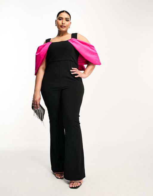ASOS LUXE Curve contrast dramatic sleeve kick flare jumpsuit in black, 4 of 4