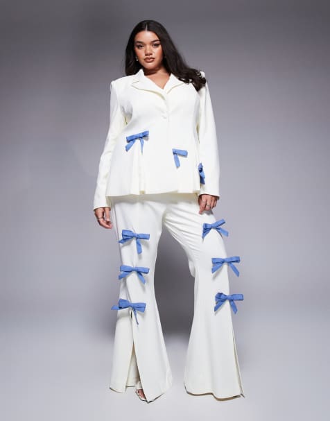 ASOS LUXE Curve - Coordinato sartoriale color panna con blazer e pantaloni sartoriali con fiocchi in denim - view 1