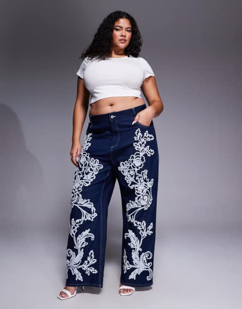 ASOS LUXE Curve – Cornelli – Verzierte Jeans in dunkelblauer Waschung mit geradem Schnitt - view 1