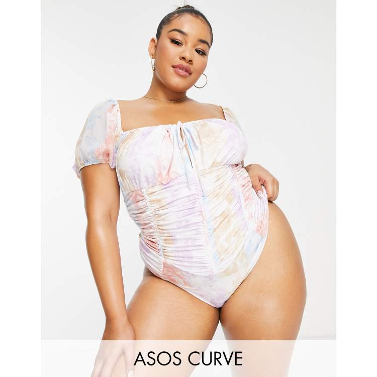 ASOS LUXE Curve corset puff sleeve swimsuit in toile de jouy print