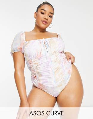 ASOS LUXE ASOS LUXE Curve corset puff sleeve swimsuit in toile de juoy print-Multi